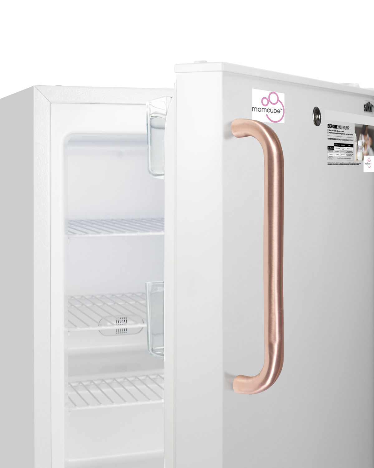 Built-in MOMCUBE residential all-freezer in white with antimicrobial copper handle, keyed lock, door storage, digital controls, and manual defrost operation